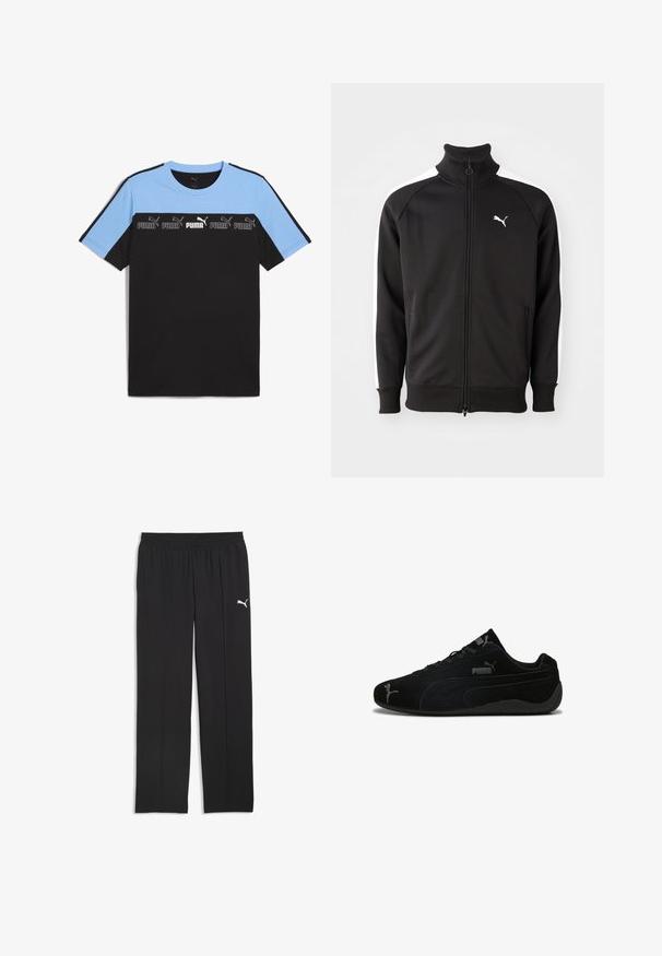 Sort zip-jakke lavet af glat stof, med hvide sidestriber og høj krave, samt et lille hvidt Puma-logo på brystet.; Sort og lys blå kortærmet T-shirt med rund hals. Har et vandret bånd, der viser flere Puma-logoer i hvid og sort.; Sorte bukser med elastisk talje og lige ben med lille hvid Puma-logo på øverste venstre lår mod hvid baggrund.; Sorte ruskindssportssko med lav profil. Har et struktureret design, sort gummisål og sølv Puma-logo akcenter.