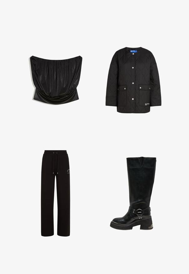 Veste en quilt noir avec un col rond, un devant à boutons-pression, deux poches plaquées et un motif texturé en vagues. Nom de la marque sur l'ourlet.; Haut noir en satin sans bretelles avec des détails froncés et une taille cintrée.; Pantalon de survêtement noir à coupe décontractée en tissu doux, avec une taille élastique munie d'un cordon de serrage et un petit logo sur le côté.; Botte en cuir noire montante jusqu'au genou avec talon bloc épais, détail d'anneau argenté sur la sangle de cheville et accent métallique sur le côté du talon.