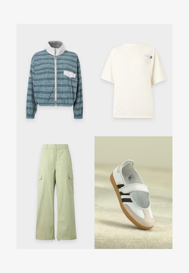Kort jasje in lichtblauw en groen met een patroon, witte kraag, ritssluiting aan de voorkant en een borstzak aan de linkerkant. Gestructureerde stof.; Crèmewit T-shirt met korte mouwen, met kleine roze tekst "Aloha" en zwart hibiscusbloemontwerp op de bovenborst links.; Lichtgroene cargobroek met wijde pijpen, gemaakt van katoen. Bevat twee zijzakken en een knoopsluiting. Soepele textuur en casual ontwerp.; Witte schoen met een roze suède neus, zwarte strepen en een klittenbandsluiting. Heeft een tan rubberen zool en een logo aan de zijkant.