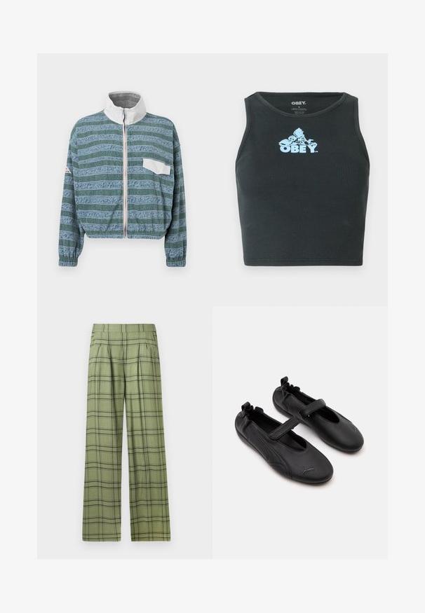 Gekürzte Jacke in Hellblau und Grün mit einem gemusterten Design, weißem Kragen, Frontreißverschluss und einer linken Brusttasche. Strukturiertem Stoff.; Schwarzes, geripptes Baumwoll-Crop-Top mit einem hellblauen Grafiklogo, das zentral auf der Brust platziert ist. Ärmelloses Design mit einem runden Halsausschnitt.; Grüne weit geschnittene Hose mit schwarzem Karomuster und hohem Bund, vorderen Falten und Seitentaschen.; Paar schwarze Leder Mary Jane-Schuhe mit elastischem Fersenbereich und Klettverschluss, mit einem dezenten Puma-Logo auf jeder Zehe.