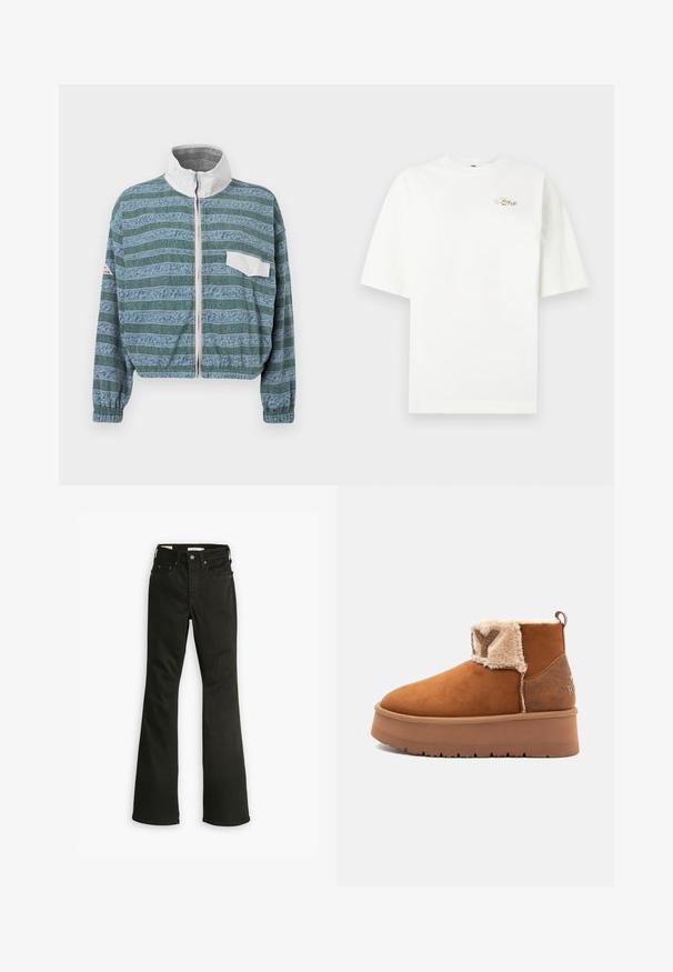 Gekürzte Jacke in Hellblau und Grün mit einem gemusterten Design, weißem Kragen, Frontreißverschluss und einer linken Brusttasche. Strukturiertem Stoff.; Weißes, oversized T-Shirt mit kurzen Ärmeln und kleinem goldenen "Just Do It"-Logo auf der oberen linken Brust vor einem schlichten Hintergrund.; Schwarze Schlagjeans aus Denim. Verfügt über ein klassisches Fünf-Taschen-Design mit Reißverschluss, robuster Naht und sauberem Saum.; Braune Wildledersneaker mit dicker Plateausohle, gefaltetem beigem Schafsfellbund mit einem glitzernden "Y"-Patch und einer Schlaufe an der Rückseite.
