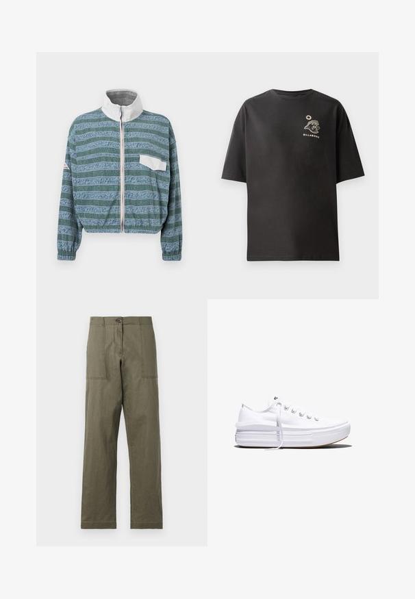 Gekürzte Jacke in Hellblau und Grün mit einem gemusterten Design, weißem Kragen, Frontreißverschluss und einer linken Brusttasche. Strukturiertem Stoff.; Schwarzes T-Shirt mit kurzen Ärmeln, das ein kleines weißes Billabong-Logo und eine Grafik auf der Brust zeigt. Hergestellt aus weichem Baumwollmaterial mit einem lässigen Schnitt.; Olivgrüne Baumwollhosen mit geradem Bein, zwei großen Seitentaschen und einem Knopfverschluss an der Taille.; Weißer Canvas-Sneaker mit niedrigem Schnitt, dicker Plateau-Sohle, vorderer Schnürung und rauer Gummikappe an der Spitze, aus seitlicher Ansicht gezeigt.