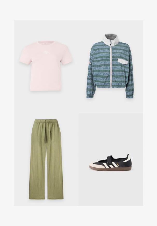 Gekürzte Jacke in Hellblau und Grün mit einem gemusterten Design, weißem Kragen, Frontreißverschluss und einer linken Brusttasche. Strukturiertem Stoff.; Rosafarbenes Baumwoll-T-Shirt mit kurzen Ärmeln, Rundhalsausschnitt und einem kleinen weißen Logo-Akzent auf der Brust. Glatte Textur und lässiges Design.; Helle olivgrüne, weit geschnittene Leinenhose mit elastischem Bund und entspanntem Sitz, auf einfarbigem Hintergrund gezeigt.; Schwarzer und beiger Sneaker mit Klettverschluss, drei weißen Streifen an der Seite und einer strukturierten braunen Gummisohle. Markenlogo sichtbar.