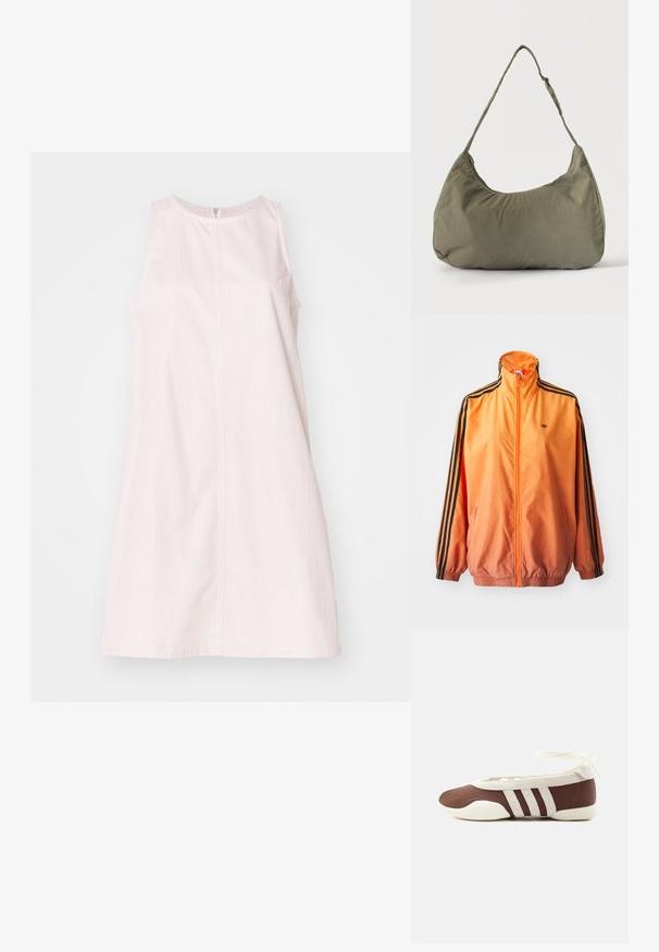 Chaqueta de chándal con degradado naranja, confeccionada en tejido suave, con acentos de rayas negras, cuello alto y puños elásticos, además de un cierre frontal de cremallera.; Vestido sin mangas de un suave color rosa claro con un diseño sencillo. Presenta un cierre de cremallera en la parte posterior, bolsillos laterales y sutiles rayas verticales para dar textura.; Zapato plano de ballet marrón y blanco con tres franjas blancas y lazo para atar en el tobillo sobre un fondo claro y sencillo.; Bolso de hombro de tela suave color verde oliva con cierre de cremallera y correa ajustable sobre un fondo liso y claro.
