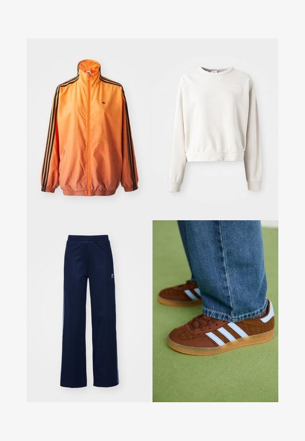 Orangene Gradient-Trackjacke aus glattem Stoff mit schwarzen Streifenakzenten, hohem Kragen und elastischen Bündchen sowie einem Frontreißverschluss.; Cremfarbener, kurz geschnittener Sweatshirt aus weichem Stoff, mit rundem Ausschnitt, langen Ärmeln und einem gestickten Logo auf der Brust.; Helleblaue Baumwollmischung Trainingshosen mit weit geschnittenem Design, elastischem Bund und Reißverschlusstaschen, mit weißen Seitenstreifen und Logodetails.; Braune Adidas-Sneaker mit weißen Streifen und Gummisohlen, getragen mit blauen Jeans auf grünem Teppich.