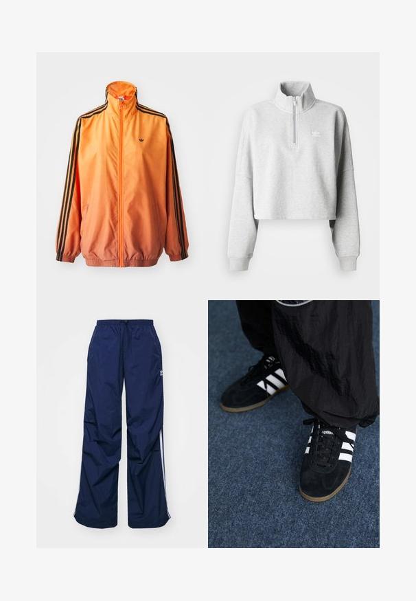 Oranžistest gradientidega jooksjakas, mis on valmistatud siledast kangast, mustade triipudega aktsentidega, kõrge kaelusega ja elastsete paeltega, ees tõmblukuga.; Heled halli lühike sviiter kõrge kaelusega ja poolkinnituseta. Omab laiu varrukaid ja väikest valget logo rinnal. Puuvilla segune materjal.; Tumesinised, kergekaalulised püksid elastse vöökoha ja nööriga, millel on valged küljeribad ja väike logo ees. Lahtise lõikega.; Mustad nahast spordijalatsid kolme valge triibuga ja mustade kingapaeltega. Kingade kõrval on osaliselt nähtavad tekstureeritud mustad püksid.