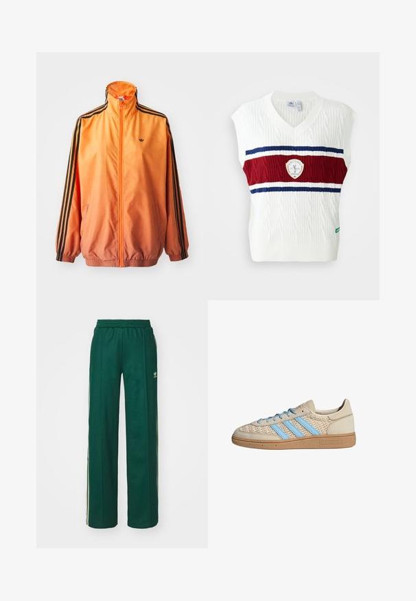 Chaqueta de chándal con degradado naranja, confeccionada en tejido suave, con acentos de rayas negras, cuello alto y puños elásticos, además de un cierre frontal de cremallera.; Chaleco sin mangas blanco con textura de punto trenzado, que presenta una banda a rayas roja y azul y un logotipo circular. Cuello y dobladillo acanalados.; Pantalones deportivos de color verde oscuro con un corte relajado, que cuentan con una cintura con cordón, bolsillos laterales y franjas color crema a lo largo de los costados.; Zapatilla beige con parte superior de punto texturizado, rayas azul claro y suela de goma marrón. Presenta cordones redondos y detalle de logo en el lateral.
