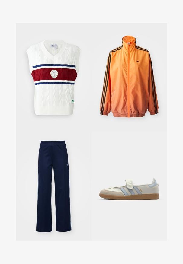 Chaqueta de chándal con degradado naranja, confeccionada en tejido suave, con acentos de rayas negras, cuello alto y puños elásticos, además de un cierre frontal de cremallera.; Chaleco sin mangas blanco con textura de punto trenzado, que presenta una banda a rayas roja y azul y un logotipo circular. Cuello y dobladillo acanalados.; Pantalones de chándal de mezcla de algodón en color marino con diseño de pierna ancha, cinturilla elástica y bolsillos con cremallera, con franjas laterales blancas y detalle de logotipo.; adidas Originals SAMBA JANE BALLERINA - Bailarinas con hebilla - cloud white/halo blue