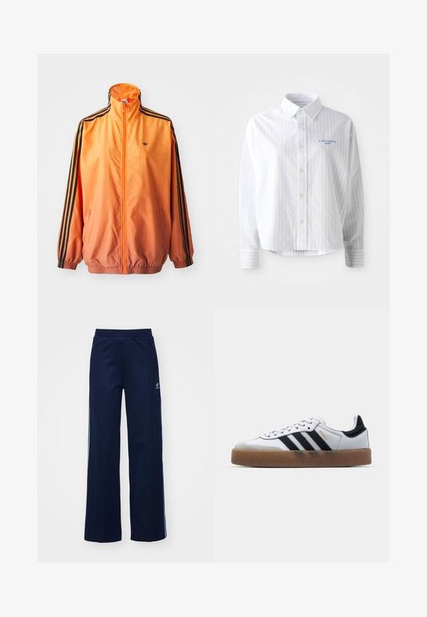 Orange gradient trackjakke lavet af glat stof, med sorte stribede detaljer, høj krave og elastiske manchetter samt lynlås foran.; Hvid skjorte med lyseblå lodrette striber, en spids krave og et lille blåt logo på venstre bryst. Forarbejdet i bomuldsstof, afslappet pasform.; Marineblå bomuldsblandede træningsbukser med bred benstil, elastisk talje og lynlåslommer, prydet med hvide sideordner og logo-detalje.; Hvide lædersneakers med sorte striber, gummirubber sål, rund tå, snørelukning og blød grå ruskinds tåhætte.