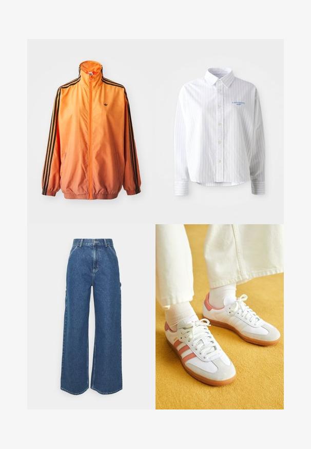 Orange gradient trackjakke lavet af glat stof, med sorte stribede detaljer, høj krave og elastiske manchetter samt lynlås foran.; Hvid skjorte med lyseblå lodrette striber, en spids krave og et lille blåt logo på venstre bryst. Forarbejdet i bomuldsstof, afslappet pasform.; Bredde ben blå denimbukser med høj talje, kontrastsyede sømme og sidelommer, med et klassisk fem-lomme design og rå kanter.; Hvide sportsko med lyserøde accenter, lavet af ruskind og læder, rund tå og gummisål, vist med lyse sokker på en gul baggrund.