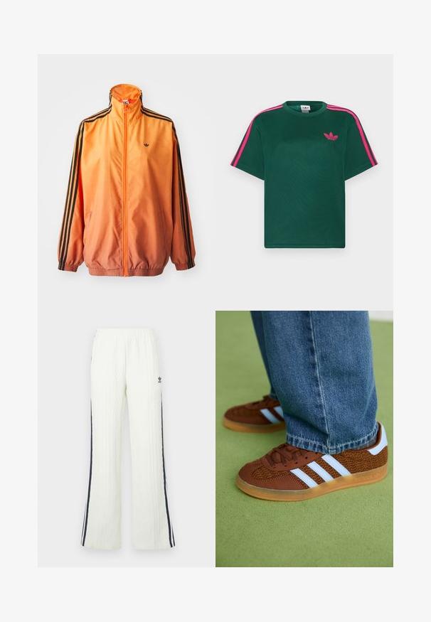 Oranje gradient trackjack met een gladde stof, voorzien van zwarte gestreepte accenten, hoge kraag en elastische manchetten met een rits aan de voorkant.; Groen T-shirt met korte mouwen, helderroze strepen op de schouders en het Adidas trefoil-logo op de borst.; Lichtcrèmekleurige, kabelgebreide broek met een uitlopende pasvorm. Voorzien van donkerblauwe zijstrepen en een Adidas-logo op de heup. Elastische tailleband.; Bruine Adidas sneakers met witte strepen en rubberen zolen, gedragen met blauwe jeans op een groene vloer.
