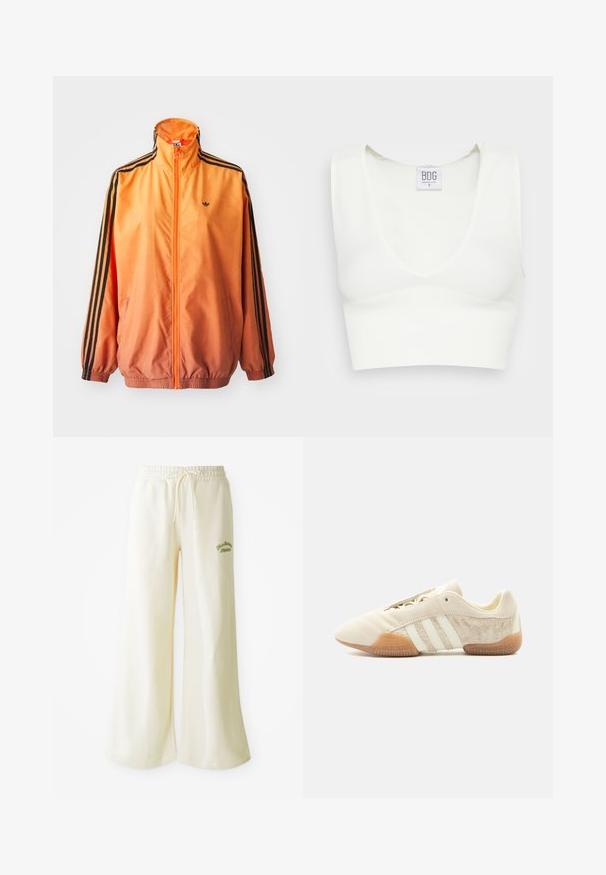 Chaqueta de chándal con degradado naranja, confeccionada en tejido suave, con acentos de rayas negras, cuello alto y puños elásticos, además de un cierre frontal de cremallera.; Top corto blanco con textura acanalada y escote en V profundo, con tirantes anchos. Etiqueta visible con el nombre de la marca "BDG" y talla "S". Textura suave.; Pantalones de chándal anchos color crema con cintura elástica y cordón ajustable. Texto bordado en verde "Athletic" en la parte frontal. Tejido suave.; Zapatilla beige de perfil bajo con tres franjas blancas, paneles laterales de ante texturizado, suela de goma y cierre con cordones sobre un fondo liso.
