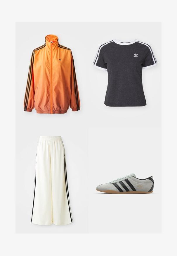 Chaqueta de chándal con degradado naranja, confeccionada en tejido suave, con acentos de rayas negras, cuello alto y puños elásticos, además de un cierre frontal de cremallera.; Camiseta de algodón gris oscuro con ribete blanco, mangas raglán cortas y tres rayas blancas en cada hombro. Presenta un pequeño logo en el pecho.; Pantalones anchos blancos con cintura elástica y rayas verticales negras a lo largo de las costuras exteriores.; adidas Originals TOKYO - Zapatillas - silver/core black