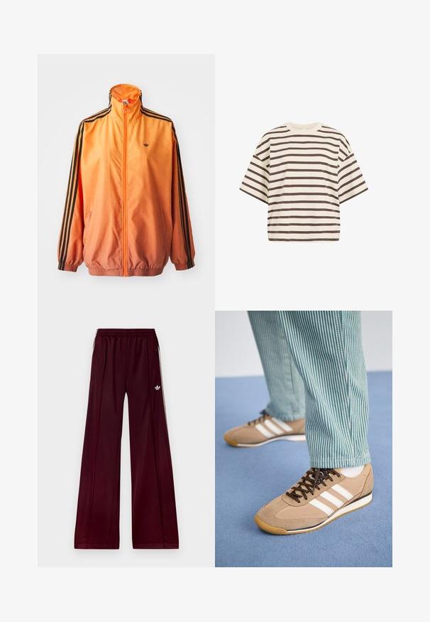 Orange gradient trackjakke lavet af glat stof, med sorte stribede detaljer, høj krave og elastiske manchetter samt lynlås foran.; Hvid t-shirt med korte ærmer med jævnt fordelte vandrette mørkebrune striber og rund halsudskæring.; Bordeaux farvede sportbukser med afslappet pasform, lavet af glat materiale, med to sidelommer og hvide kontraststriber langs siderne.; Tan ruskind og mesh sneakers med brune snørebånd og tre hvide striber. Parret med grønne og hvide stribede bukser, hviler på en blå overflade.