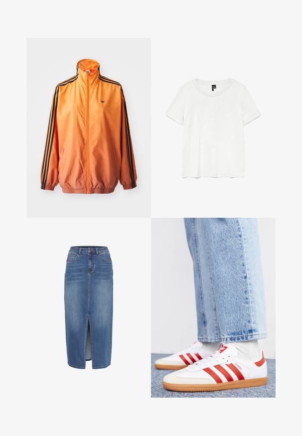 Orange gradient trackjakke lavet af glat stof, med sorte stribede detaljer, høj krave og elastiske manchetter samt lynlås foran.; Hvid kortærmet t-shirt med rund halsudskæring, lavet af letvægtsstof. Enkel design, glat tekstur og lige kant.; Denim nederdel med en frontslids, i midlængde, i en lys til mellemblå vask. Har fem lommer og en talje med bæltestropper.; Hvide lædersneakers med røde striber og accenter. Har en tekstureret gummisål og polstret krave. Bæres med lyseblå denim.