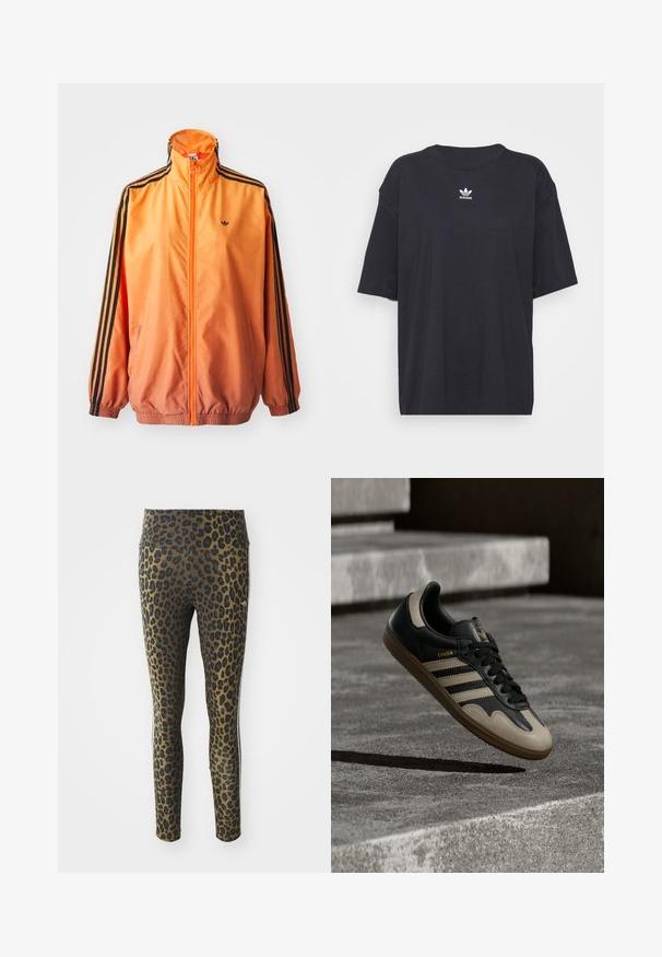 Orange gradient trackjakke lavet af glat stof, med sorte stribede detaljer, høj krave og elastiske manchetter samt lynlås foran.; Sort bomulds t-shirt med korte ærmer, rund halsudskæring, med et hvidt Adidas-logo på brystet. Enkel design, afslappet pasform.; Pletterede leggings med høj talje, strækbart stof og sorte accenter på en lys brun bund, designet til komfort og pasform.; Sort og beige lædersneaker med tre hvide striber, tanfarvet gummisål og gyldent "Samba"-detalje på siden.