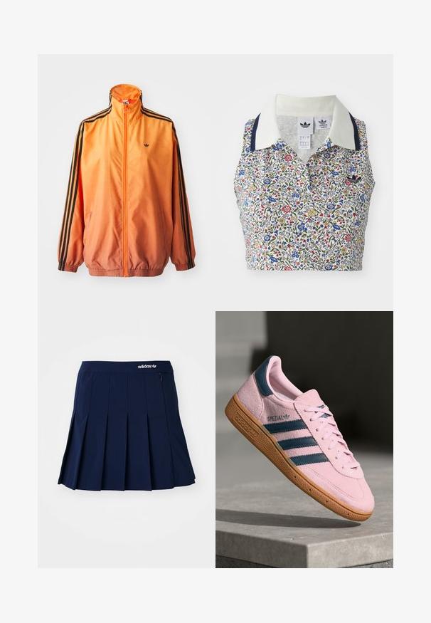 Orange gradient trackjakke lavet af glat stof, med sorte stribede detaljer, høj krave og elastiske manchetter samt lynlås foran.; Blomstret cropped bluse med hvid bund og blomster i blå, rød og gul. Inkluderer en hvid krave med marineblå detaljer og et broderet logo.; Marineblå plisseret nederdel lavet af letvægtsstof; har en elastisk talje og en lille lynlås-lomme, med et hvidt Adidas-logo på forsiden.; Lyserød ruskindssneaker med marineblå tre striber, gummisål og lyserøde snørebånd. Har "SPEZIAL"-branding på siden.