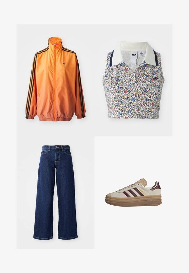 Orange gradient trackjakke lavet af glat stof, med sorte stribede detaljer, høj krave og elastiske manchetter samt lynlås foran.; Blomstret cropped bluse med hvid bund og blomster i blå, rød og gul. Inkluderer en hvid krave med marineblå detaljer og et broderet logo.; Mørkeblå vide jeans lavet af denim, med knap- og lynlåslukning, bæltesløjfer og klassisk fem-lomme design.; Beige ruskinds sneakers med maroon striber, hvide accenter, en kraftig gennemsigtig sål og forhøjet branding på siden. Snørebåndsdesign.