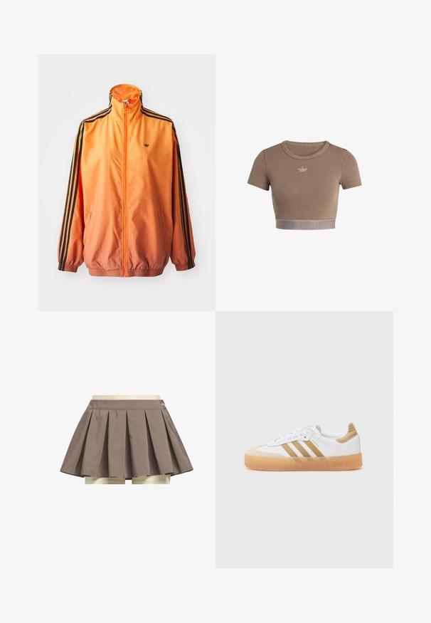 Orange gradient trackjakke lavet af glat stof, med sorte stribede detaljer, høj krave og elastiske manchetter samt lynlås foran.; Brun ribstrikket cropped top med korte ærmer, rund halsudskæring og en tekstureret kant forneden med et diskret logo-mønster.; Brun plisseret tennisnederdel med indbyggede beige shorts nedenunder, vist på en hvid baggrund.; Hvide sneakers med beige accenter, der har tre striber, en rund tå og en gennemsigtig gummisål. Glat læder og tekstilmaterialer.