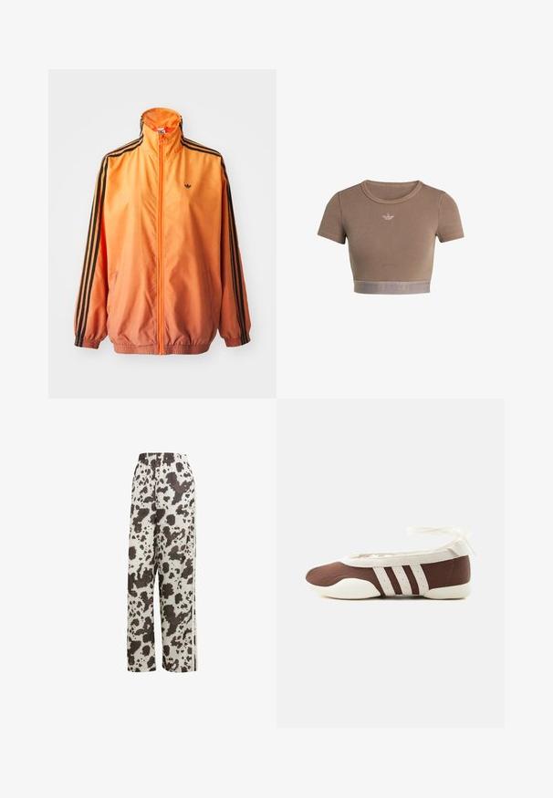 Oranje gradient trackjack met een gladde stof, voorzien van zwarte gestreepte accenten, hoge kraag en elastische manchetten met een rits aan de voorkant.; Bruin geribd crop top met korte mouwen, ronde halslijn en een textuurrand aan de onderkant met een subtiel logopatroon.; adidas Originals COW PRINT SATIN WIDE LEG - Trainingsbroek - multicolor off white; Bruine en witte ballerinaschoenen met drie witte strepen en een strik om de enkel op een effen lichte achtergrond.