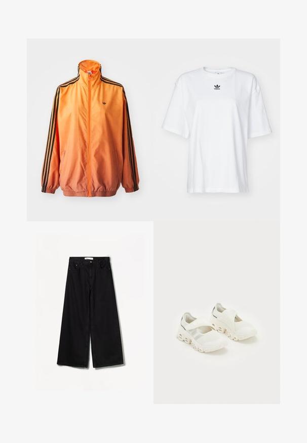 Orangene Gradient-Trackjacke aus glattem Stoff mit schwarzen Streifenakzenten, hohem Kragen und elastischen Bündchen sowie einem Frontreißverschluss.; Weißes T-Shirt mit kurzen Ärmeln aus Baumwolle. Verfügt über einen Rundhalsausschnitt und ein kleines schwarzes Adidas-Logo auf der Brust. Gerader Saum.; Schwarze weit geschnittene Jeans aus Denim. Mit hoher Taille, Vorder- und Gesäßtaschen sowie silberfarbener Hardware an der Knopf- und Reißverschlussöffnung.; Weiße Mesh-Sportschuhe mit einem Riemenverschluss, gepolstertem Knöchelbereich und einem markanten, geschwungenen Sohlen-Design mit ausgehöhlten Abschnitten.