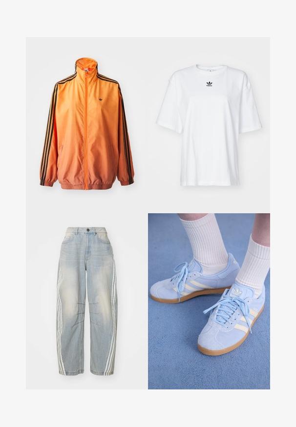 Orange gradient trackjakke lavet af glat stof, med sorte stribede detaljer, høj krave og elastiske manchetter samt lynlås foran.; Hvid kortærmet t-shirt lavet af bomuld. Har en rund halsudskæring og et lille sort Adidas-logo på brystet. Lige skåret kant.; Lyseblå denimjeans med løs pasform, der har hvide striber ned langs siderne, slidte detaljer og knaplukning i taljen.; Lyseblå ruskindsneakers med hvide striber, flade snørebånd og en sål af gummirubber. Ribbet hvide sokker bæres over anklen.