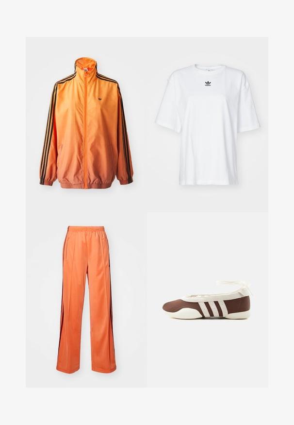 Oranje gradient trackjack met een gladde stof, voorzien van zwarte gestreepte accenten, hoge kraag en elastische manchetten met een rits aan de voorkant.; Witte korte mouwen t-shirt van katoen. Voorzien van een ronde hals en een klein zwart Adidas-logo op de borst. Rechthoekige zoom.; Oranje sportbroek van soepel materiaal, met een wijd pijpdesign, elastische tailleband en contrasterende zijstrepen.; Bruine en witte ballerinaschoenen met drie witte strepen en een strik om de enkel op een effen lichte achtergrond.