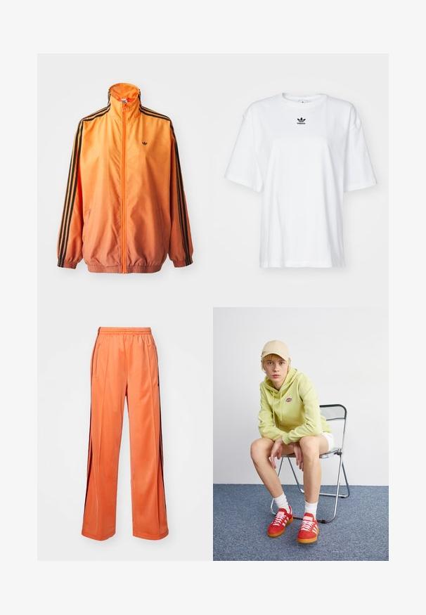 Orange gradient trackjakke lavet af glat stof, med sorte stribede detaljer, høj krave og elastiske manchetter samt lynlås foran.; Hvid kortærmet t-shirt lavet af bomuld. Har en rund halsudskæring og et lille sort Adidas-logo på brystet. Lige skåret kant.; Orange atletiske bukser lavet af glat stof, med bred ben-design, elastisk talje og kontrasterende sidelændere.; Lysegrøn hættetrøje med logo, hvide shorts, røde sneakers med hvide striber, siddende på en krom foldebænk mod en neutral baggrund.
