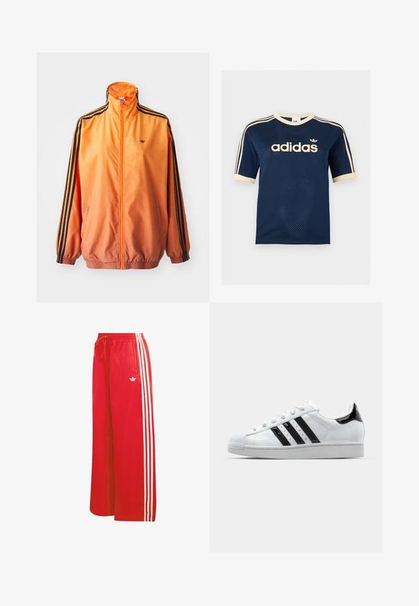 Oranssi gradientti urheilutakki, joka on valmistettu sileästä kankaasta ja jossa on mustat raidalliset yksityiskohdat, korkea kaulus ja joustavat hihansuut sekä edessä vetoketju.; Laivastonsininen Adidas-verkkopaitapusero, jossa on lyhyet hihat, kerma reunus, kolme kermanväristä raitaa hihoissa ja Adidas-logo rinnassa.; Punaiset urheiluhousut, jotka on valmistettu kevyestä materiaalista. Housuissa on leveät lahkeet, joustava vyötärönauha, kiristysnauha ja kolme valkoista raitaa kummallakin sivulla.; Valkoiset tennarit joissa on mustat lakatut yksityiskohdat, kolme mustaa raitaa ja kuminen varvaskuppi. Varusteena valkoiset nauhat ja sileäpintainen päällinen.