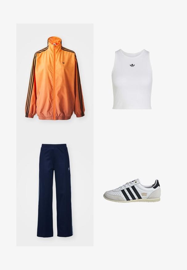 Chaqueta de chándal con degradado naranja, confeccionada en tejido suave, con acentos de rayas negras, cuello alto y puños elásticos, además de un cierre frontal de cremallera.; Top corto blanco sin mangas con cuello redondo y pequeño logo negro Adidas trefoil centrado debajo del cuello.; Pantalones de chándal de mezcla de algodón en color marino con diseño de pierna ancha, cinturilla elástica y bolsillos con cremallera, con franjas laterales blancas y detalle de logotipo.; Zapatilla blanca con rayas negras y marca dorada. Presenta materiales de ante y cuero, parte superior perforada y suela de goma texturizada.
