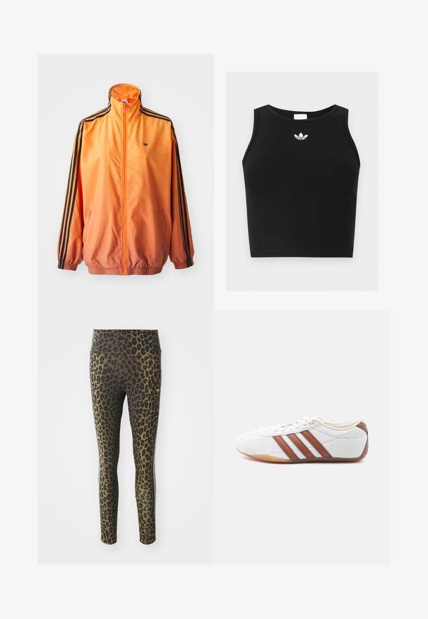 Orange gradient trackjakke lavet af glat stof, med sorte stribede detaljer, høj krave og elastiske manchetter samt lynlås foran.; Sort ribbet ærmeløs crop top med rund halsudskæring og lille hvid Adidas trefoil-logo centreret nær kraven.; Pletterede leggings med høj talje, strækbart stof og sorte accenter på en lys brun bund, designet til komfort og pasform.; Hvid sneaker med lavt snit og brune læderstriber, snørelukning og en sål i gummi, vist fra indersiden på en hvid baggrund.