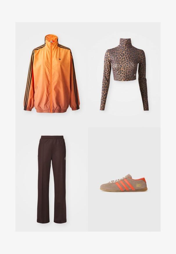 Orange gradient trackjakke lavet af glat stof, med sorte stribede detaljer, høj krave og elastiske manchetter samt lynlås foran.; Langærmet cropped top med leopardprint i brune og sorte farver, med høj hals og glat, sleek tekstur. Diskret logo-detalje ved kanten.; Brune træningsbukser med elastisk talje, to sidelommer og et lille logo på venstre side, lavet af et blødt stof.; Brune ruskinds sneakers med tre klare orange striber, snørebånd foran og gyldent "Gazelle" branding på siden. Flad gummi sål.