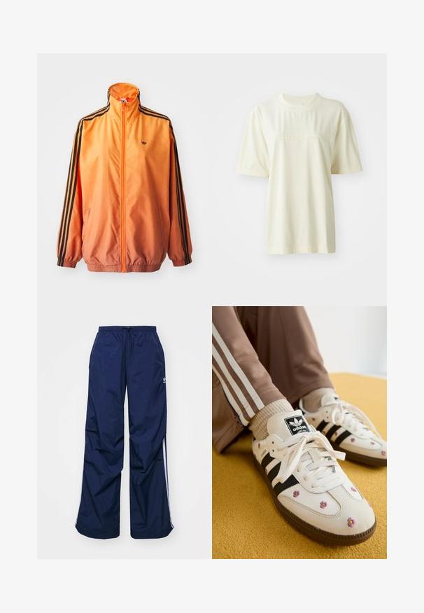 Veste de survêtement en dégradé orange, fabriquée dans un tissu lisse, avec des accents en rayures noires, un col haut et des poignets élastiques, ainsi qu'une fermeture éclair sur le devant.; T-shirt en coton couleur crème avec un col rond, des manches courtes et un logo "adidas" en relief sur la poitrine. Texture lisse et coupe décontractée.; Pantalon bleu marine, léger, avec taille élastique et cordon de serrage, présentant des rayures blanches sur les côtés et un petit logo à l'avant. Coupe ample.; Baskets en cuir blanc avec trois rayures noires et broderie florale en violet et jaune. Semelle en caoutchouc marron. Assorties à des chaussettes côtelées beiges.