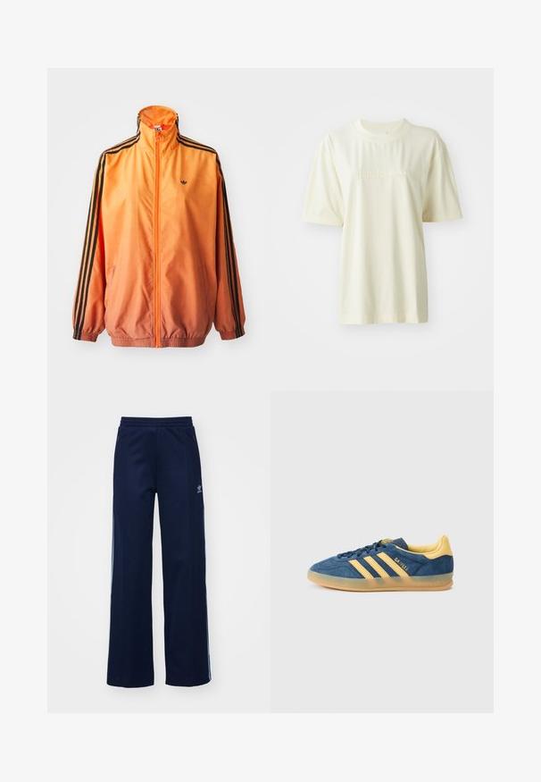 Chaqueta de chándal con degradado naranja, confeccionada en tejido suave, con acentos de rayas negras, cuello alto y puños elásticos, además de un cierre frontal de cremallera.; Camiseta de algodón color crema con cuello redondo, mangas cortas y logo "adidas" en relieve en el pecho. Textura suave y corte relajado.; Pantalones de chándal de mezcla de algodón en color marino con diseño de pierna ancha, cinturilla elástica y bolsillos con cremallera, con franjas laterales blancas y detalle de logotipo.; Zapatilla deportiva de ante azul con detalles amarillos, presenta tres franjas amarillas, lengüeta texturizada y suela traslúcida de goma. Nombre de la marca "Gazelle" visible.