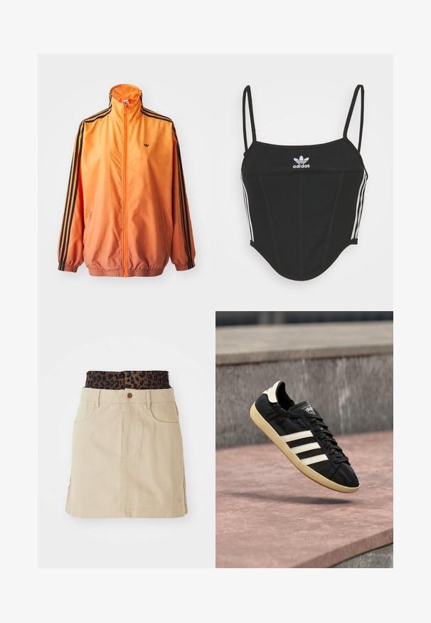 Orange gradient trackjakke lavet af glat stof, med sorte stribede detaljer, høj krave og elastiske manchetter samt lynlås foran.; Sort ribbet crop top med justerbare tynde stropper, der har tre hvide striber på siderne og et lille hvidt Adidas-logo i midten.; Tan denim nederdel med en brun leopardmønstret elastisk talje, forlommer og en lige pasform, der har synlige syninger.; Sort Adidas sneaker med hvide striber og beige sål, fanget i luften over en stenet overflade og baggrund af en stenmur.