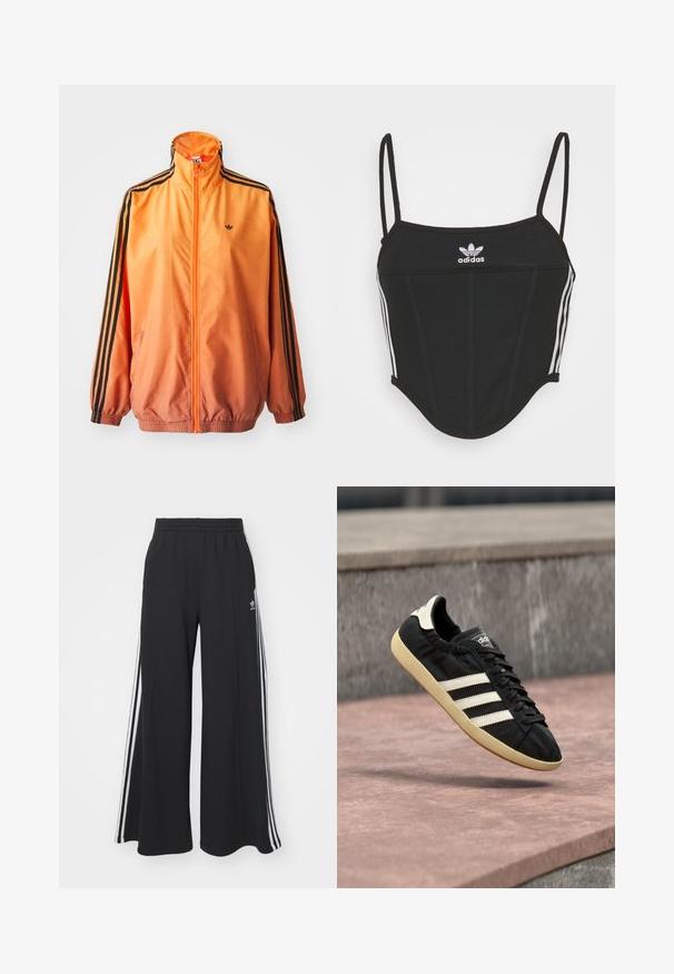 Orange gradient trackjakke lavet af glat stof, med sorte stribede detaljer, høj krave og elastiske manchetter samt lynlås foran.; Sort ribbet crop top med justerbare tynde stropper, der har tre hvide striber på siderne og et lille hvidt Adidas-logo i midten.; Sorte bukser med vide ben og elastik i taljen, med tre hvide striber langs ydersiderne og et lille logo foran.; Sort Adidas sneaker med hvide striber og beige sål, fanget i luften over en stenet overflade og baggrund af en stenmur.