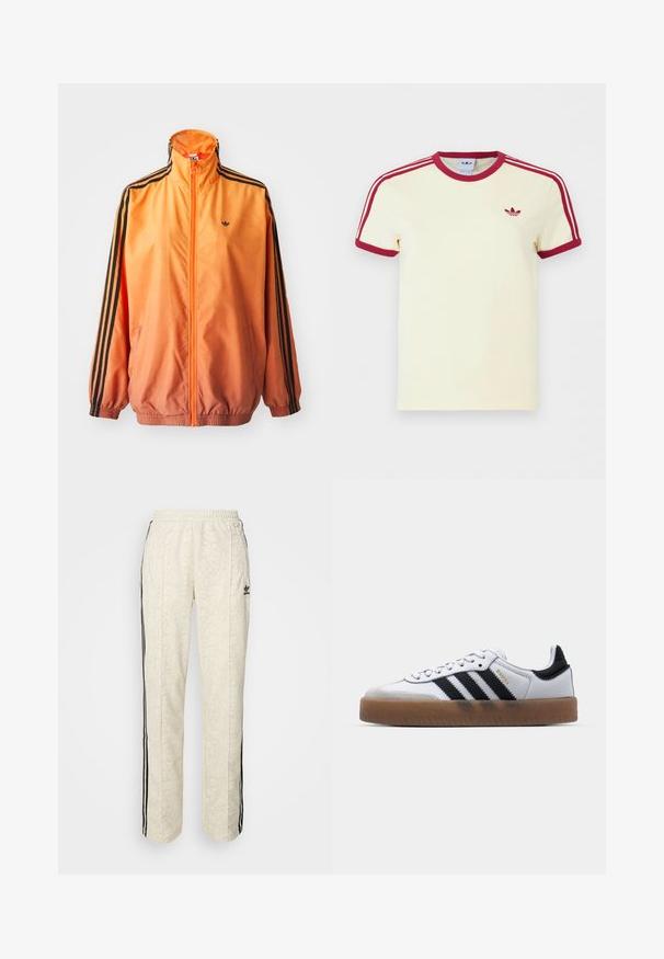 Orange gradient trackjakke lavet af glat stof, med sorte stribede detaljer, høj krave og elastiske manchetter samt lynlås foran.; Kremfarvet Adidas T-shirt med korte ærmer, rød ribkant ved hals, ærmekanter, tre røde striber på skuldrene og rødt Adidas trefoil-logo på brystet.; Cremefarvede joggers med et struktureret, slangeskindsmønster. Har sorte sidelister og en elastisk talje. Sort logoaccent på låret.; Hvide lædersneakers med sorte striber, gummirubber sål, rund tå, snørelukning og blød grå ruskinds tåhætte.
