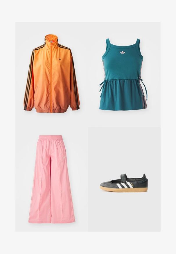 Orange gradient trackjakke lavet af glat stof, med sorte stribede detaljer, høj krave og elastiske manchetter samt lynlås foran.; Tyrkis ærmeløs top med samlet talje, pink sidelægger og broderet logo. Lavet af blødt materiale med en afslappet pasform og bånddetaljer.; Lyserøde brede bukser lavet af let materiale, med elastisk talje og diskrete hvide side striber. Lille logo på fronten.; Sort læder- og ruskinds sneakers med en Velcro-rem, der har tre hvide striber og en gummisål, mærket "SAMBA" på siden.