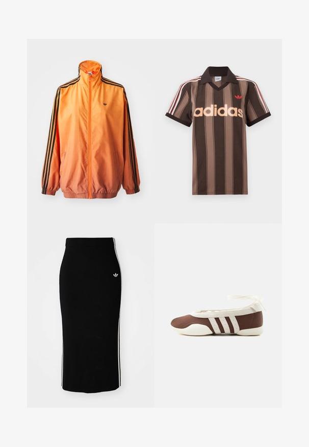 Orange gradient trackjakke lavet af glat stof, med sorte stribede detaljer, høj krave og elastiske manchetter samt lynlås foran.; Brunstribet Adidas polo-shirt med V-hals, bordeaux krave og rødt logo. Har hvide og røde skulderstriber samt korte ærmer.; Sort ribbet midi-nederdel med en tætsiddende design, der har hvide sidelister og et lille hvidt emblem på venstre side.; Brun og hvid balletflad sko med tre hvide striber og ankelbånds sløjfe på en ensartet lys baggrund.