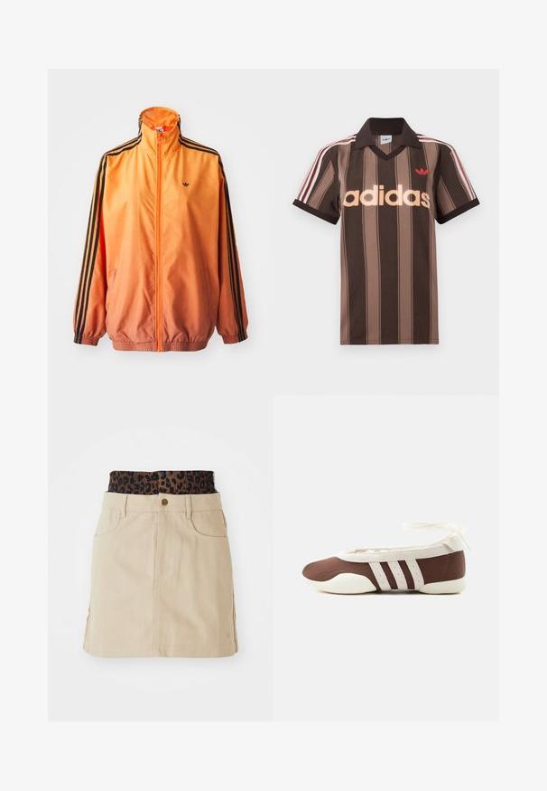 Oranje gradient trackjack met een gladde stof, voorzien van zwarte gestreepte accenten, hoge kraag en elastische manchetten met een rits aan de voorkant.; Bruine gestreepte Adidas polo met V-hals, bordeauxrode kraag en rood logo. Heeft witte en rode schouderstrepen, korte mouwen.; Tan denim rok met een bruine elastieken tailleband met luipaardprint, voorzakken en een rechte snit, met zichtbare stikdetails.; Bruine en witte ballerinaschoenen met drie witte strepen en een strik om de enkel op een effen lichte achtergrond.
