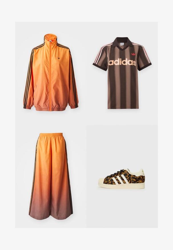 Oranje gradient trackjack met een gladde stof, voorzien van zwarte gestreepte accenten, hoge kraag en elastische manchetten met een rits aan de voorkant.; Bruine gestreepte Adidas polo met V-hals, bordeauxrode kraag en rood logo. Heeft witte en rode schouderstrepen, korte mouwen.; Oranje gradient wijde pantalon met een zwarte zijstrook, featuring een elastische tailleband en lichtgewicht materiaal.; Luipaardprint sneakers met zwarte veters, witte drie-streep ontwerp, crèmekleurige rubberen neus en zool, gestructureerd bovenmateriaal.