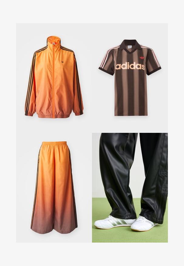 Orange gradient trackjakke lavet af glat stof, med sorte stribede detaljer, høj krave og elastiske manchetter samt lynlås foran.; Brunstribet Adidas polo-shirt med V-hals, bordeaux krave og rødt logo. Har hvide og røde skulderstriber samt korte ærmer.; Orange gradient brede bukser med en sort sidestribe, der har en elastisk talje og letvægtsmateriale.; Sorte faux leather bukser med en løs pasform, der har en glat overflade og sidelister. Sammen med hvide sneakers med sølvdetaljer.