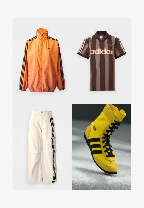 Orange gradient trackjakke lavet af glat stof, med sorte stribede detaljer, høj krave og elastiske manchetter samt lynlås foran.; Brunstribet Adidas polo-shirt med V-hals, bordeaux krave og rødt logo. Har hvide og røde skulderstriber samt korte ærmer.; Beige brede bukser lavet af bomuld, prydet med en sort tre-stribedesign ned ad siden og et Adidas-logo-patch på låret.; Høje sneakers lavet af gult syntetisk materiale, der har sorte snørebånd, tre sorte striber og branding på siden. Struktureret gummisål.