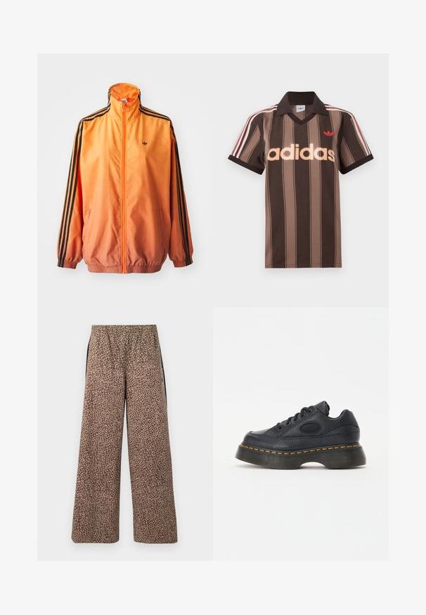 Chaqueta de chándal con degradado naranja, confeccionada en tejido suave, con acentos de rayas negras, cuello alto y puños elásticos, además de un cierre frontal de cremallera.; Polo Adidas marrón con rayas, cuello en V, cuello burdeos y logo rojo. Presenta rayas blancas y rojas en los hombros, mangas cortas.; Pantalones marrones de pierna ancha con un patrón de estampado animal beige, cintura elástica y franjas laterales negras a contraste. Textura suave de la tela.; Zapatilla de cuero negro con acabado texturizado, punta redonda y suela de plataforma gruesa. Presenta costuras de acento amarillas y logotipo de la marca en el lateral.