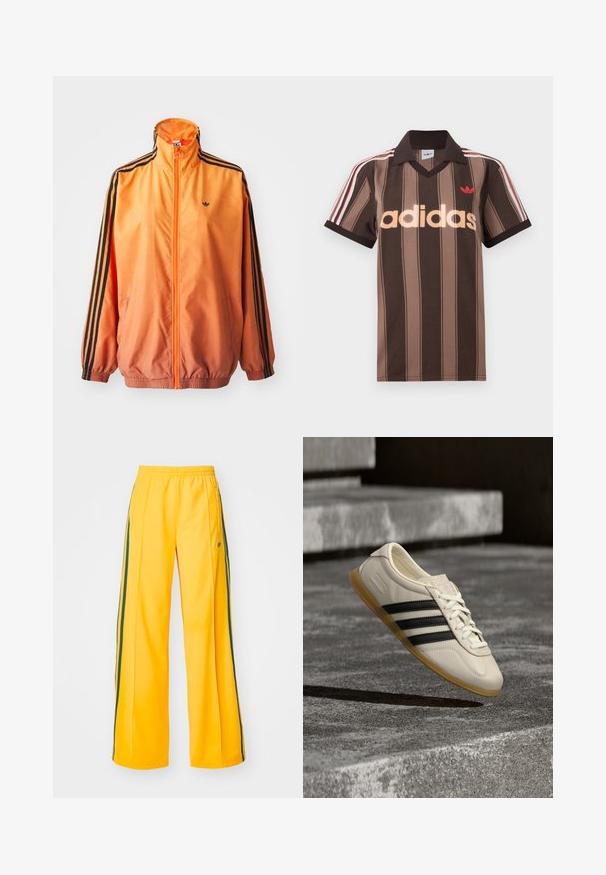 Orangene Gradient-Trackjacke aus glattem Stoff mit schwarzen Streifenakzenten, hohem Kragen und elastischen Bündchen sowie einem Frontreißverschluss.; Braunes gestreiftes Adidas-Poloshirt mit V-Ausschnitt, bordeauxrotem Kragen und rotem Logo. Mit weißen und roten Schulterstreifen, kurzen Ärmeln.; Gelbe Sporthosen mit weitem Bein, ausgestattet mit grünen Seitenstreifen und einem kleinen Logo auf der linken Hüfte. Elastischer Bund für mehr Komfort.; Weißer Sneaker mit schwarzen Streifen und Gummisohle schwebt über Betontreppen im sanften Tageslicht.