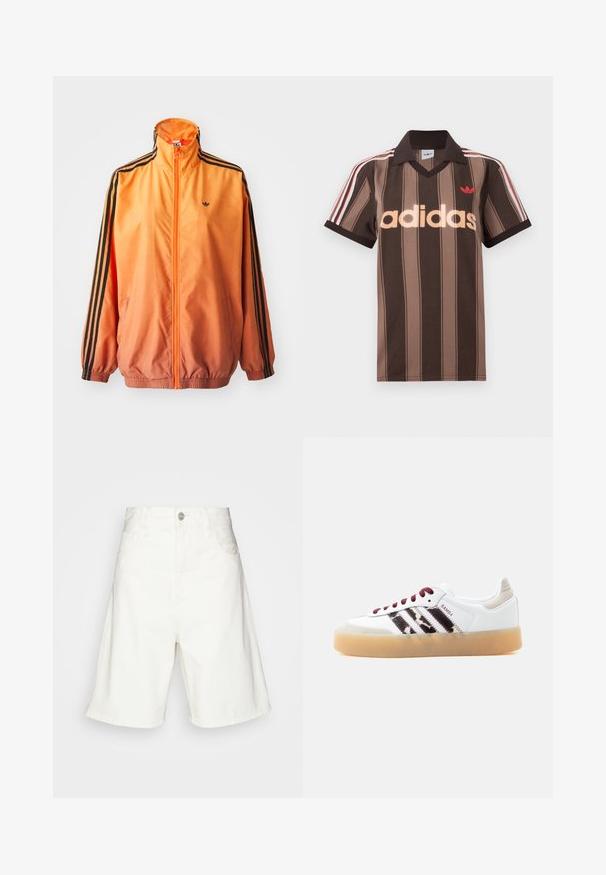 Chaqueta de chándal con degradado naranja, confeccionada en tejido suave, con acentos de rayas negras, cuello alto y puños elásticos, además de un cierre frontal de cremallera.; Polo Adidas marrón con rayas, cuello en V, cuello burdeos y logo rojo. Presenta rayas blancas y rojas en los hombros, mangas cortas.; Shorts de mezclilla blanca con una cintura alta, que cuentan con un cierre de botón frontal, dos bolsillos laterales y un ajuste relajado. Textura suave sin patrones visibles.; Zapatilla Adidas Samba blanca con cordones rojo oscuro, franjas negras difusas, lengüeta en el talón beige y suela de goma translúcida, vista desde el lado izquierdo.