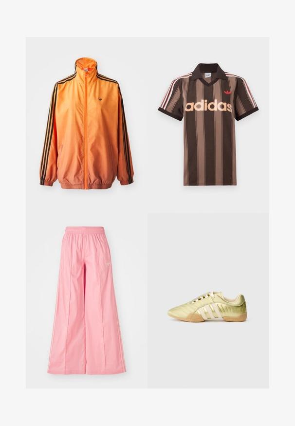Orangene Gradient-Trackjacke aus glattem Stoff mit schwarzen Streifenakzenten, hohem Kragen und elastischen Bündchen sowie einem Frontreißverschluss.; Braunes gestreiftes Adidas-Poloshirt mit V-Ausschnitt, bordeauxrotem Kragen und rotem Logo. Mit weißen und roten Schulterstreifen, kurzen Ärmeln.; Rosa weit geschnittene Hosen aus einem leichten Stoff, mit einem elastischen Bund und dezenten weißen Seitenstreifen. Kleines Logo auf der Vorderseite.; Limettengrüner synthetischer Sportschuh mit glatter Textur, ausgestattet mit drei weißen Streifen, einem weichen Innenfutter und einer strukturierten Gummisohle.