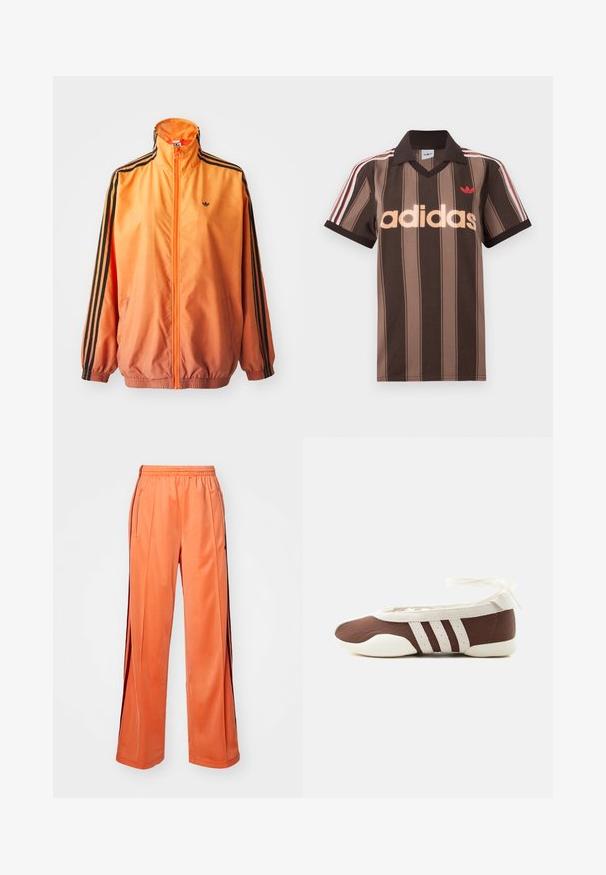 Oranje gradient trackjack met een gladde stof, voorzien van zwarte gestreepte accenten, hoge kraag en elastische manchetten met een rits aan de voorkant.; Bruine gestreepte Adidas polo met V-hals, bordeauxrode kraag en rood logo. Heeft witte en rode schouderstrepen, korte mouwen.; Oranje sportbroek van soepel materiaal, met een wijd pijpdesign, elastische tailleband en contrasterende zijstrepen.; Bruine en witte ballerinaschoenen met drie witte strepen en een strik om de enkel op een effen lichte achtergrond.