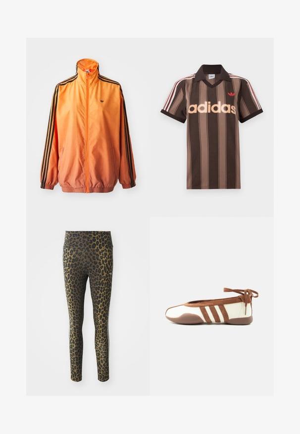 Orange gradient trackjakke lavet af glat stof, med sorte stribede detaljer, høj krave og elastiske manchetter samt lynlås foran.; Brunstribet Adidas polo-shirt med V-hals, bordeaux krave og rødt logo. Har hvide og røde skulderstriber samt korte ærmer.; Pletterede leggings med høj talje, strækbart stof og sorte accenter på en lys brun bund, designet til komfort og pasform.; Slank beige og brun balletflat med rundet tå, tre sidelister, blød sål og ankelbindelukning mod en ensfarvet hvid baggrund.