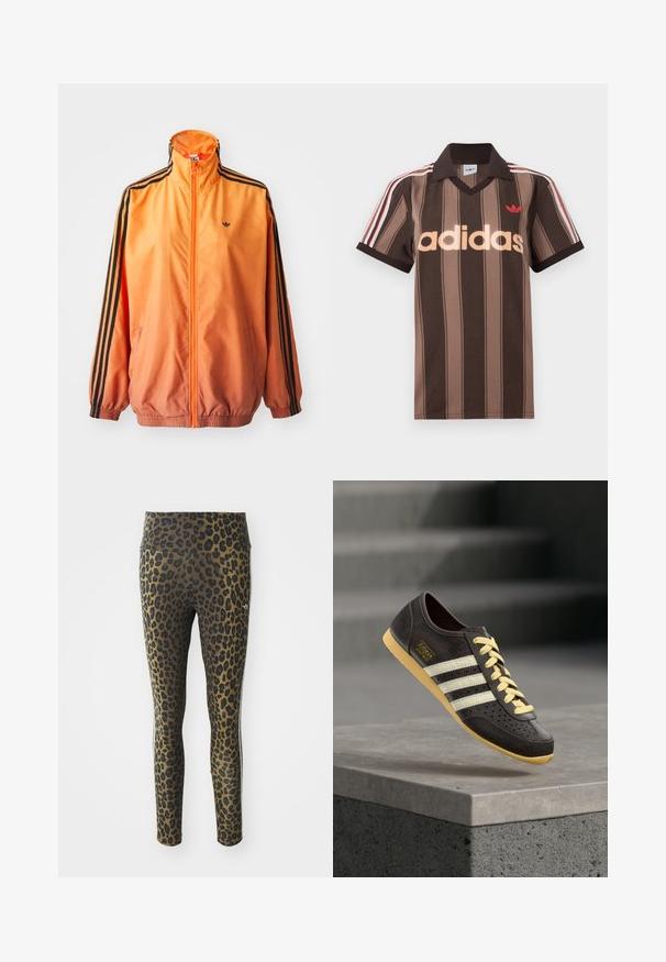 Orangene Gradient-Trackjacke aus glattem Stoff mit schwarzen Streifenakzenten, hohem Kragen und elastischen Bündchen sowie einem Frontreißverschluss.; Braunes gestreiftes Adidas-Poloshirt mit V-Ausschnitt, bordeauxrotem Kragen und rotem Logo. Mit weißen und roten Schulterstreifen, kurzen Ärmeln.; Leggings mit Leopardenmuster, ausgestattet mit einem hohen Bund, dehnbarem Stoff und schwarzen Akzenten auf einem hellbraunen Grund, konzipiert für Komfort und guten Sitz.; Dunkelbrauner Sneaker mit beigen Schnürsenkeln, drei weißen Streifen an der Seite und einer gelben Sohle, dargestellt schwebend über einer Betonkante.